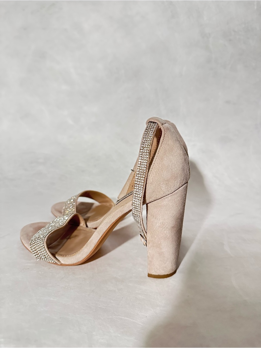 Steve Madden Nude Suede Block Heel Sandals with Rhinestone Straps